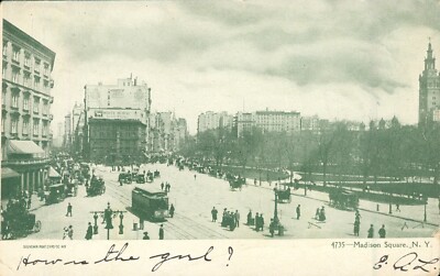 Madison Square,New York c1908 Postcard Horse & Carriage,Trams,Antique Station N