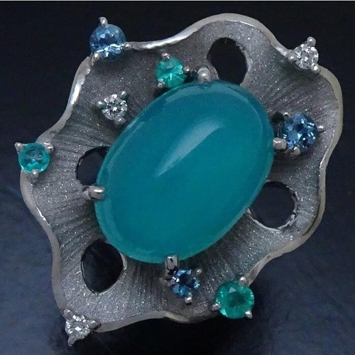 Munetaka Tamura Ring Chalcedony 6.43ct Diamond 0.06ct K18WG White Gold Jewelry - Picture 5 of 9