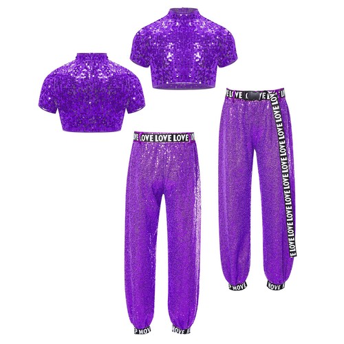 Kids Girls Outfit Belt Set Elastic Waist Suits Birthday Trousers Sparkly Pants - Picture 9 of 81