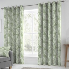 Image of Fusion Matteo Botanical Leaf 100% Cotton Eyelet Lined Curtains Pair Green