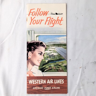 Vtg 1953 Western Air Line Follow Your Flight Air Route Booklet Pamphlet Brochure