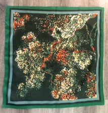 Vintage Satin Scarf Green Rust Fall Colors 23"x23" Square Excellent Condition