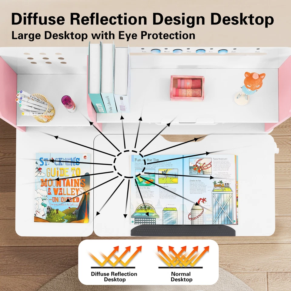 Rosa Höhenverstellbarer Kinder Arbeitszimmer Schreibtisch Ergonomischer Tisch Neigbar Schreibtisch, Schublade, Regal - Bild 4 von 4