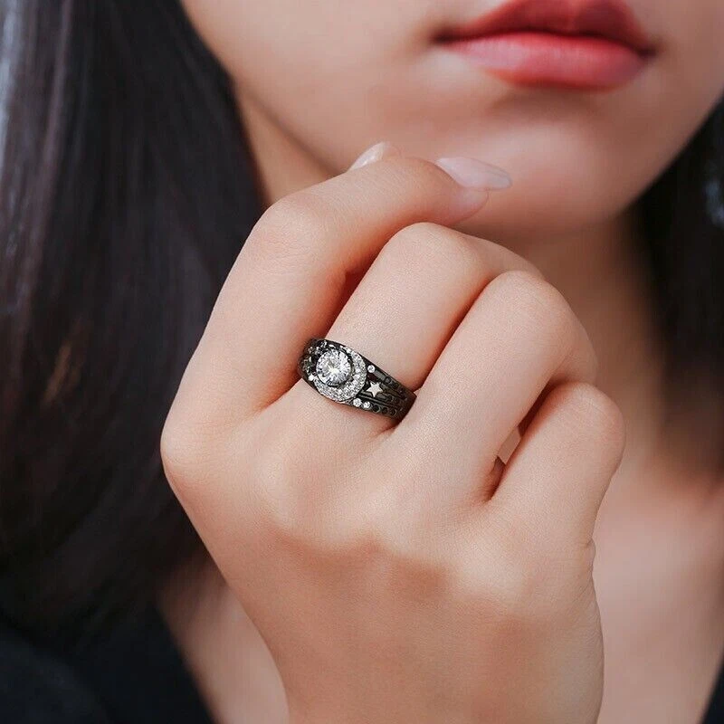 Moon Star For Gothic Her Lab created Diamond Wedding 14K White Gold Finish Ring - Image 2 of 4