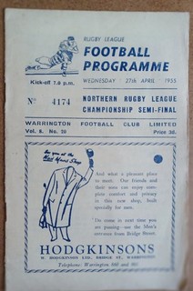 1954/55 WARRINGTON v HALIFAX NORTHERN RUGBY LEAGUE CHAMPIONSHIP SEMI FINAL