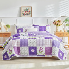 Patchwork Quilt Set Queen Size 3 Pieces Purple White Floral Pink Plaid