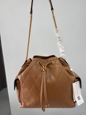 Tory Burch Women's Quilted Leather Bucket Bag Brown Gold Chain Shoulder