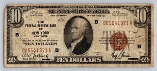 $10 1929 Nation Currency New York NY City Brown Seal Ten Dollar Bill Banknote