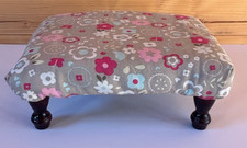 Vintage floral upholstered footstool turned wooden legs floral fabric Height 5.5