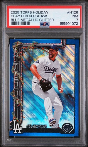 2025 TOPPS HOLIDAY #H126 BLUE GLITTER CLAYTON KERSHAW PSA 7 LOS ANGELES DODGERS