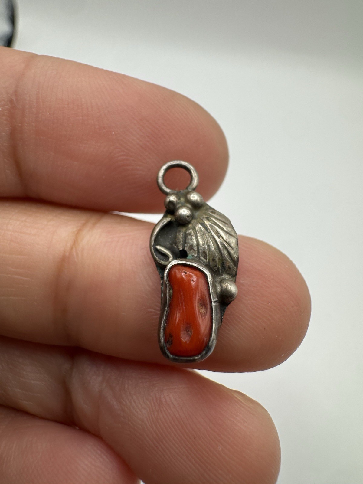 Dainty Silver and Coral Feather Pendant Necklace Vintage Native American Jewelry