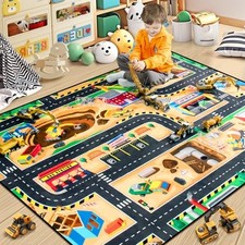 Kids 4x6 Ft Construction Site Play Rug, Baby Play Mat, Tufted Wool Rubber,