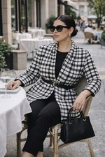 St John Cream Black Plaid Open Front Tweed Cardigan - Sz 10