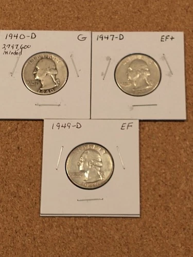 1940-D G, 1947-D EF, and 1949-D EF Washington Quarter