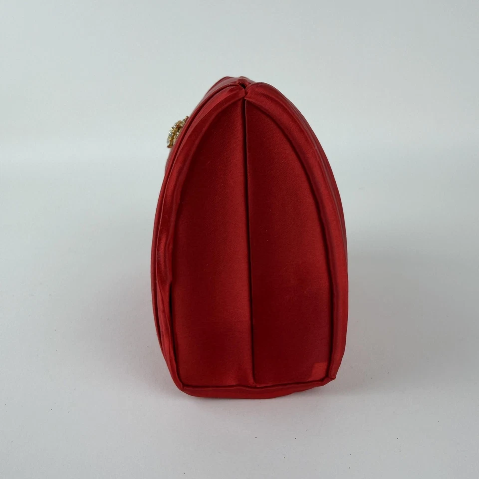 VTG Red Pleated Satin Evening Clutch Bag Womens Gold Chain Rhinestone Brooch - Image 4 of 4