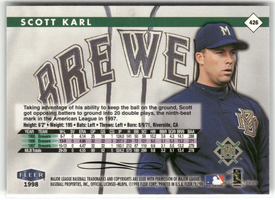 1998 FLEER TRADITION SCOTT KARL MILWAUKEE BREWERS #426 - Image 2 of 3