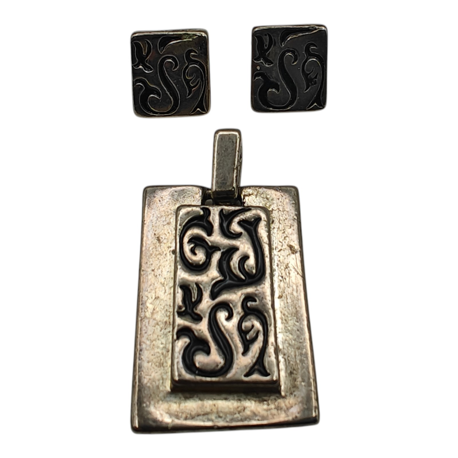 Scrolled Rectangle Charm And Earrings Pendant Sil… - image 1