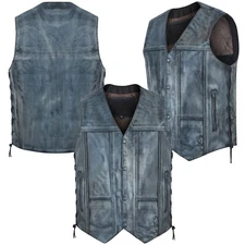 Mens Genuine Leather 10 Pockets Motorcycle Biker Vest ANARCHY GREY SOA side lace