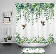Hummingbird Green Leaf Succulent Plant Shower Curtain Bathroom Accessories Set