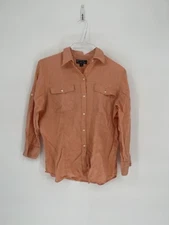 American Living Linen Shirt Women Large Coral/Peach Long Roll Tab Sleeves