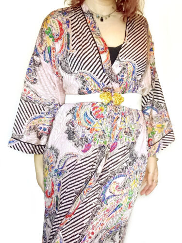 Vintage Silky Kimono Dressing Gown Pink Black Stripe Paisley M L Pattern Print - Picture 2 of 11