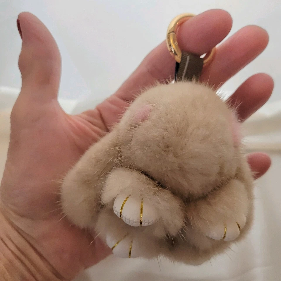 Adorable Mink Fur Bag Charm/Keychain Beige/Pink Eyes Faux Leather Paws - Image 2 of 4