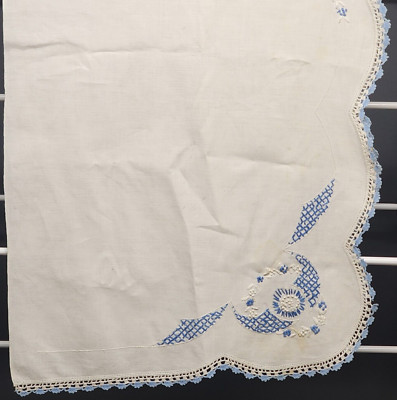 Table Runner Linen Hand Embroidered White Blue Vintage Minor Stain Pictured 40''