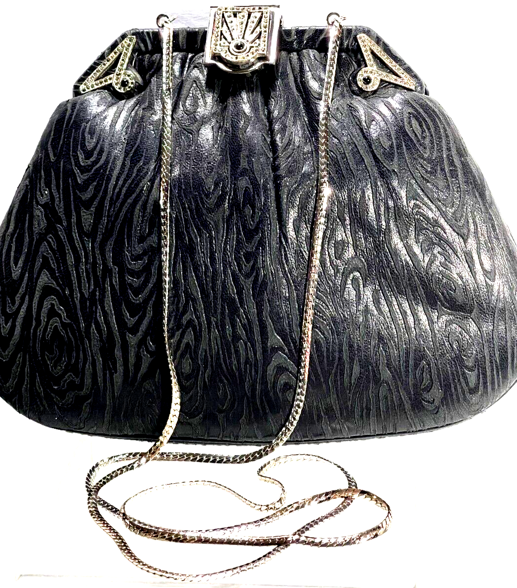 Judith Lieber Black Leather Purse W/ Embossed Design /Marcasite