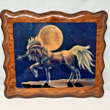 Vintage 1980s Sue Dawes Unicorn Lacquered Wood Wall Plaque 10 x 12 Fantasy Moon