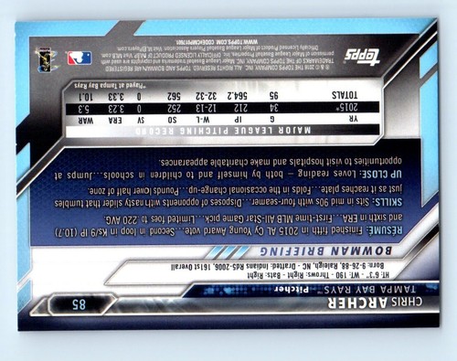 2016 Bowman Chris Archer Tampa Bay Rays #85 - Picture 2 of 2