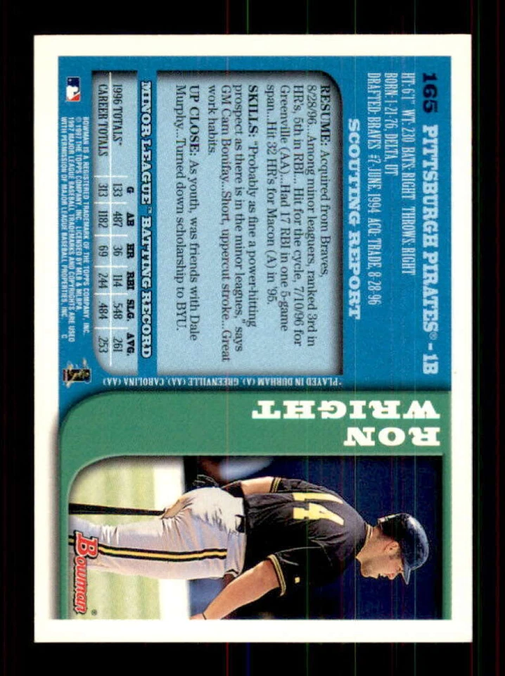 1997 Bowman #165 Ron Wright AUTOGRAPHED!!! Pirates 236857 - Image 2 of 2