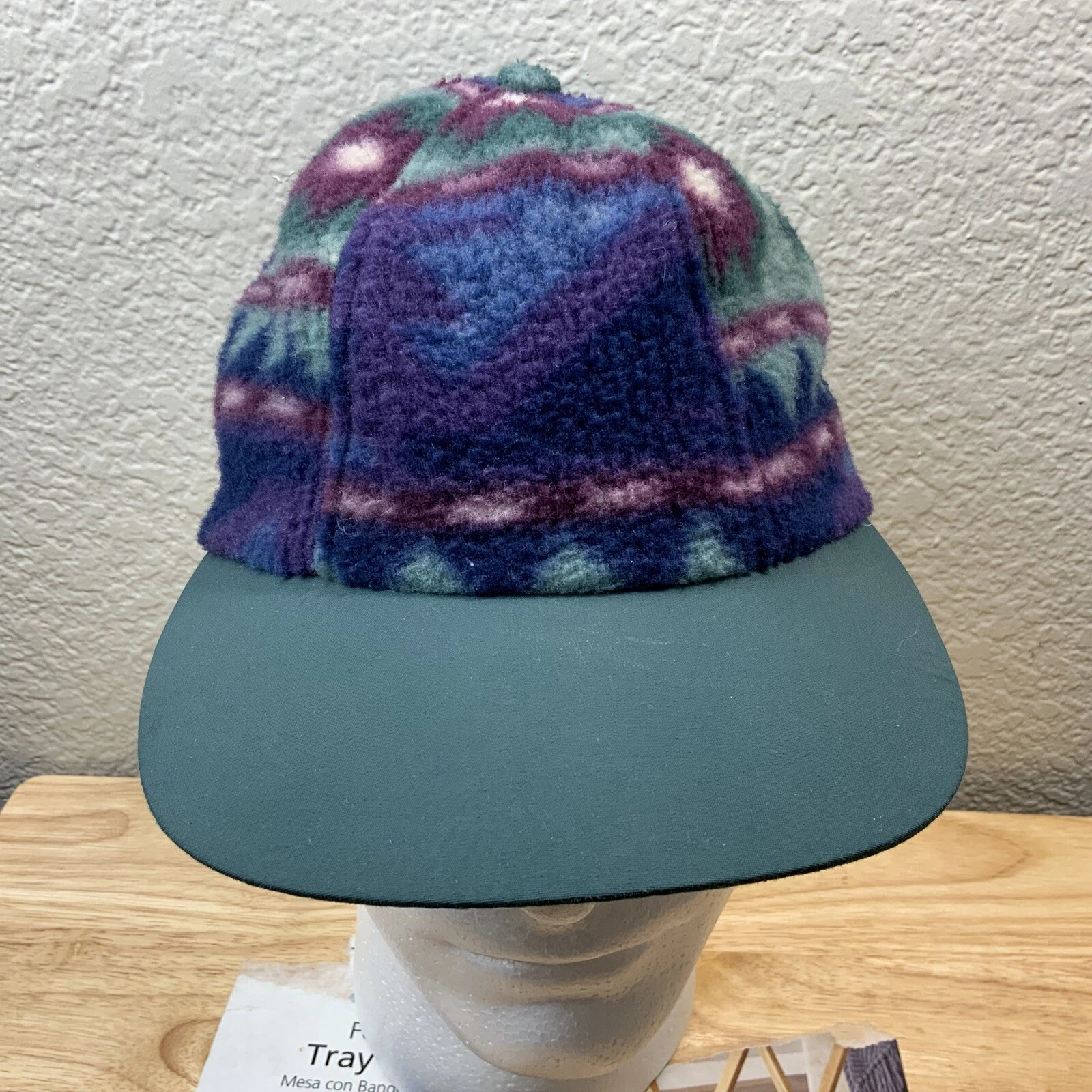 VINTAGE Columbia Hat Cap Fitted Adult Medium Blue Green Aztec Fleece Outdoor Men
