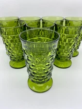Indiana Glass Whitehall Colony 6" Green Footed Cubist Tumblers x8 in Great Shape