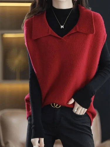 Stylish Turn-down Sweater Vest Casual Sleeveless Autumn Winter Female Clothing - Picture 18 of 27