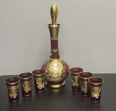 Vtg Bohemian Ruby Red Gold Hand Painted Florals Decanter Set W/ 6 Shot Glasses