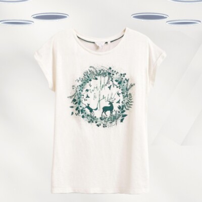 Ex Fat Face Damen Kurzarm Forest Scapes T-Shirt in Creme (Defekt)
