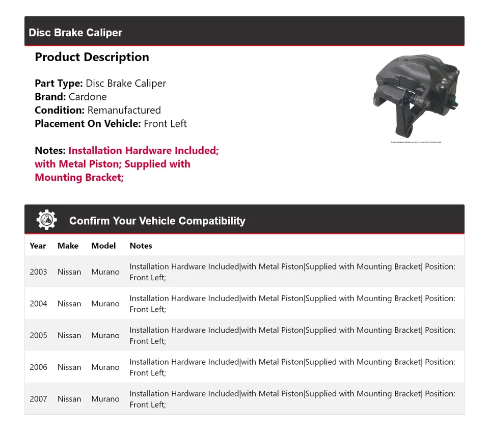 Pinza de freno de disco delantera izquierda cardone 2004 2005 2006 para Nissan Murano 2003-2007 Foto 2 de 4