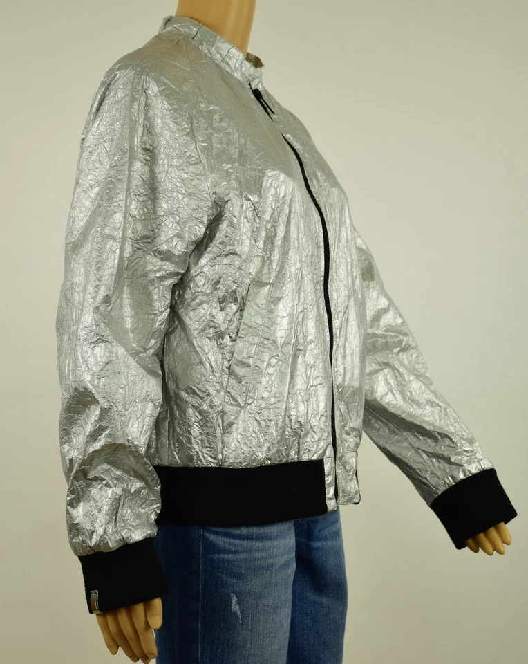 Rachel Roy Womens Silver Metallic Crinkled Bomber Jacket XL - Image 3 of 4