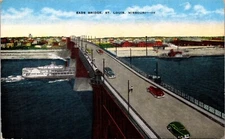 St. Louis MO. Eads Bridge Washington Avenue 1940's Cars Boats Linen Postcard 10o