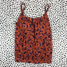Lands End Navy Orange Pink Floral Blouson Tankini SWIM TOP REG. 2 522618