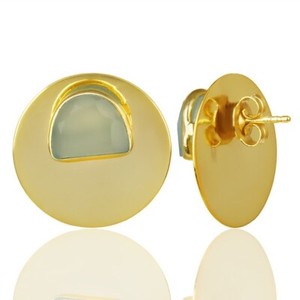 Authentic Modern Gold Plated Disc Stud Earrings with Chalcedony Minimalist Wedding Jewelry