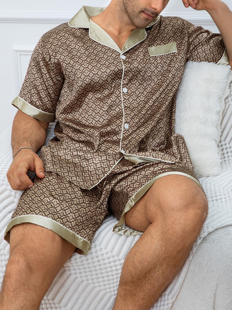 Mens Short Sleeve Shirt Shorts Satin Silk Set Pajamas Sleepwear