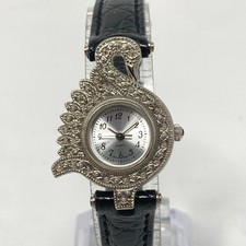 Avon Marcasite Swan Watch Women Silver Tone Crystals Leather New Battery 8"