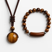 2PCS Round Natural Stone Tiger’s Eye Necklace & Bracelet Set Unisex Jewelry Gift