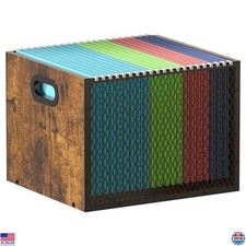 Piskyet Rustic Brown Wooden Hanging File Organizer - Metal Mesh Storage Crate