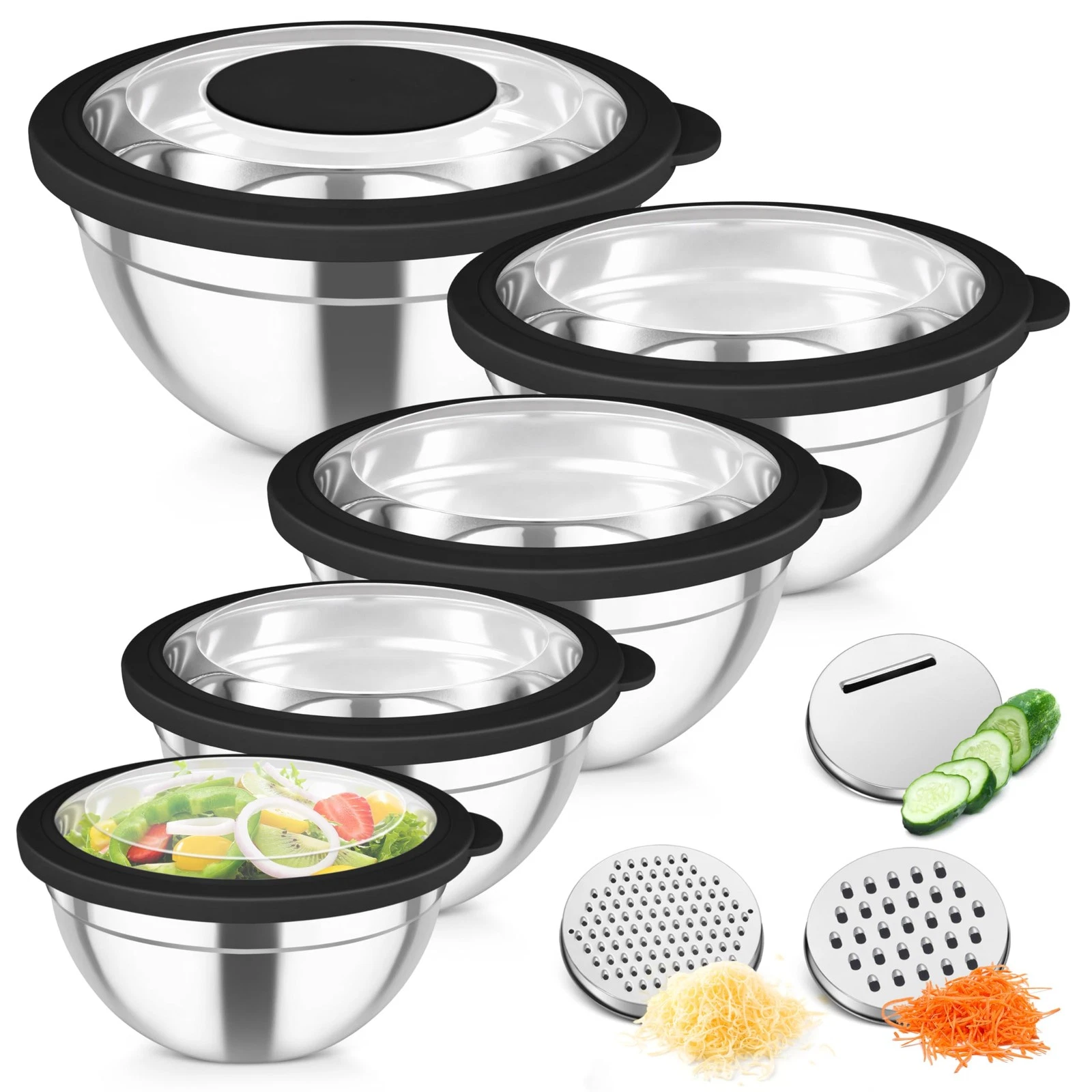 Mixing Bowls, Stainless Steel Salad Serving Bowl with Clear Lids & 3 Graters,...
