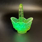 Vtg Fenton Opalescent Vaseline Topaz Lily of the Valley Basket Uranium 7" AS IS