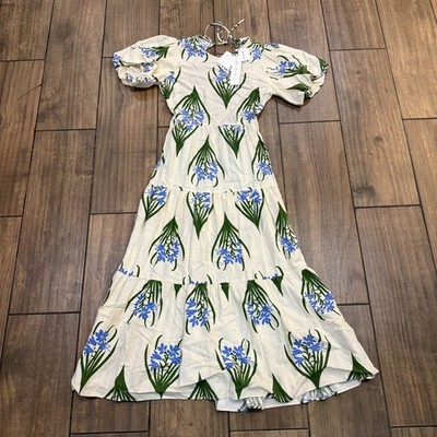 Zara The Sofia Dess Women's Size XS Tan with Green Blue Floral New With Tags