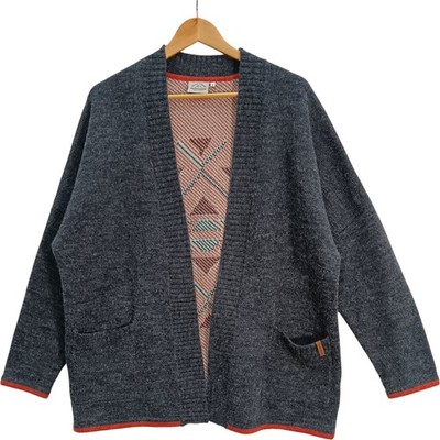 Passenger Cardigan UK Small Blue Red Geometric Pattern Open Front Wool Mix
