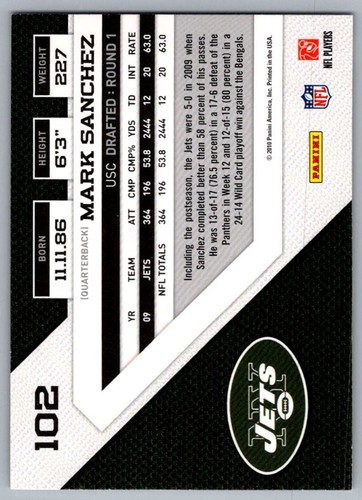 2010 Panini Threads Mark Sanchez New York Jets #102 - Picture 2 of 2